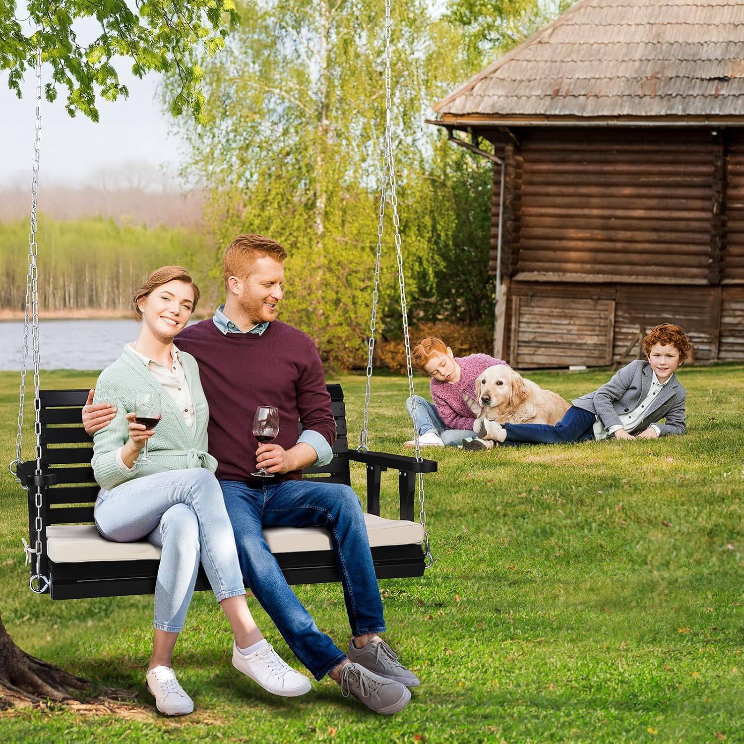 Alt View 6. Winado - 4 FT Wooden Porch Swing, Heavy Duty 880 LBS Patio Swings with Cushions, Adjustable Chains for Outdoor Yard Garden Porch - Black.