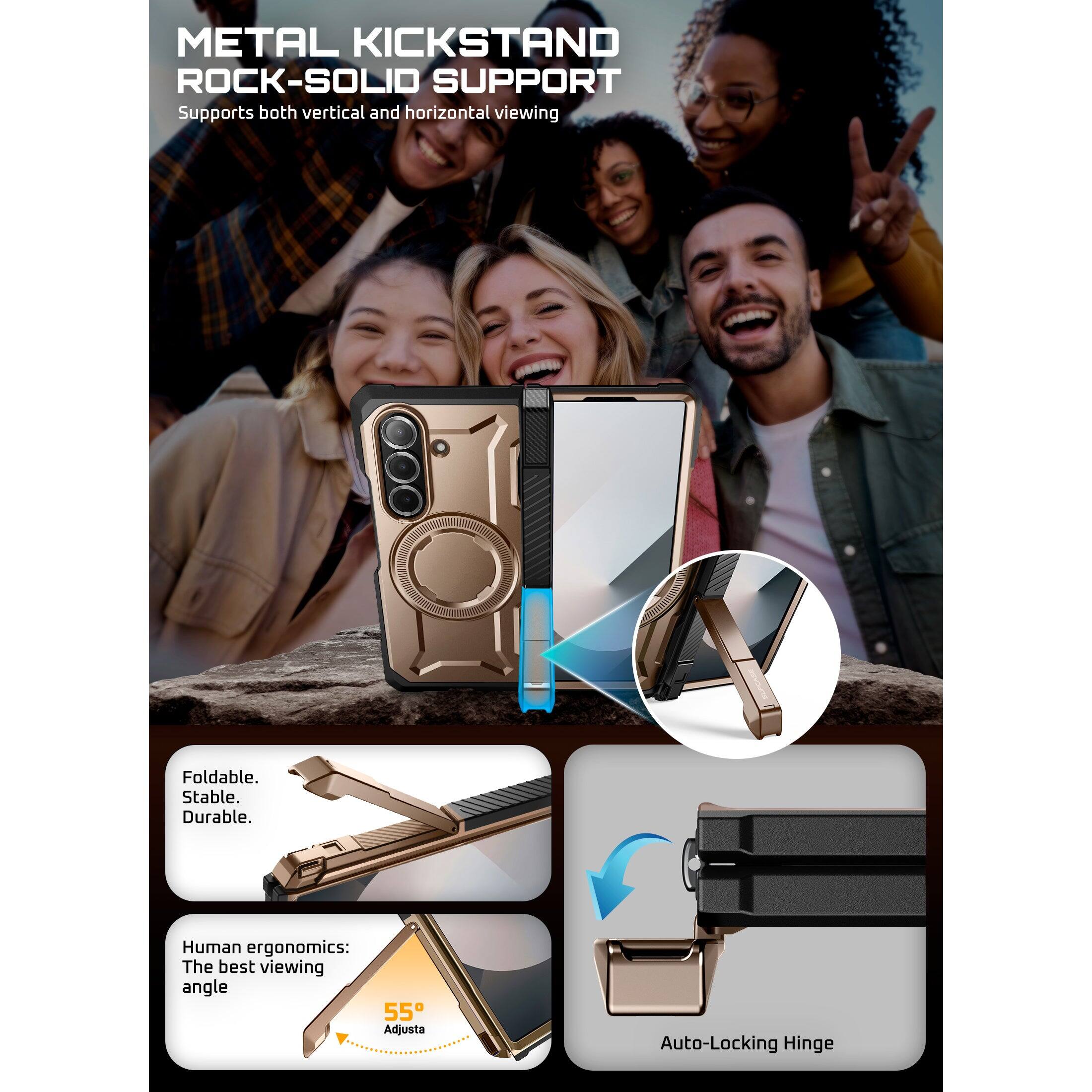 METAL KICKSTAND ROCK-SOLID SUPPORT
Supports both vertical and horizontal viewing
Foldable. Stable. Durable.
Human ergonomics: The best viewing angle 55° Adjustable
Auto-Locking Hinge