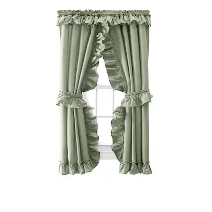 Front. Ellis Curtain - ELLIS 70% Polyester 30% Cotton Stacey Ruffled Prscilla Pairs With Tiebacks 54" x 63" Sage - Sage.