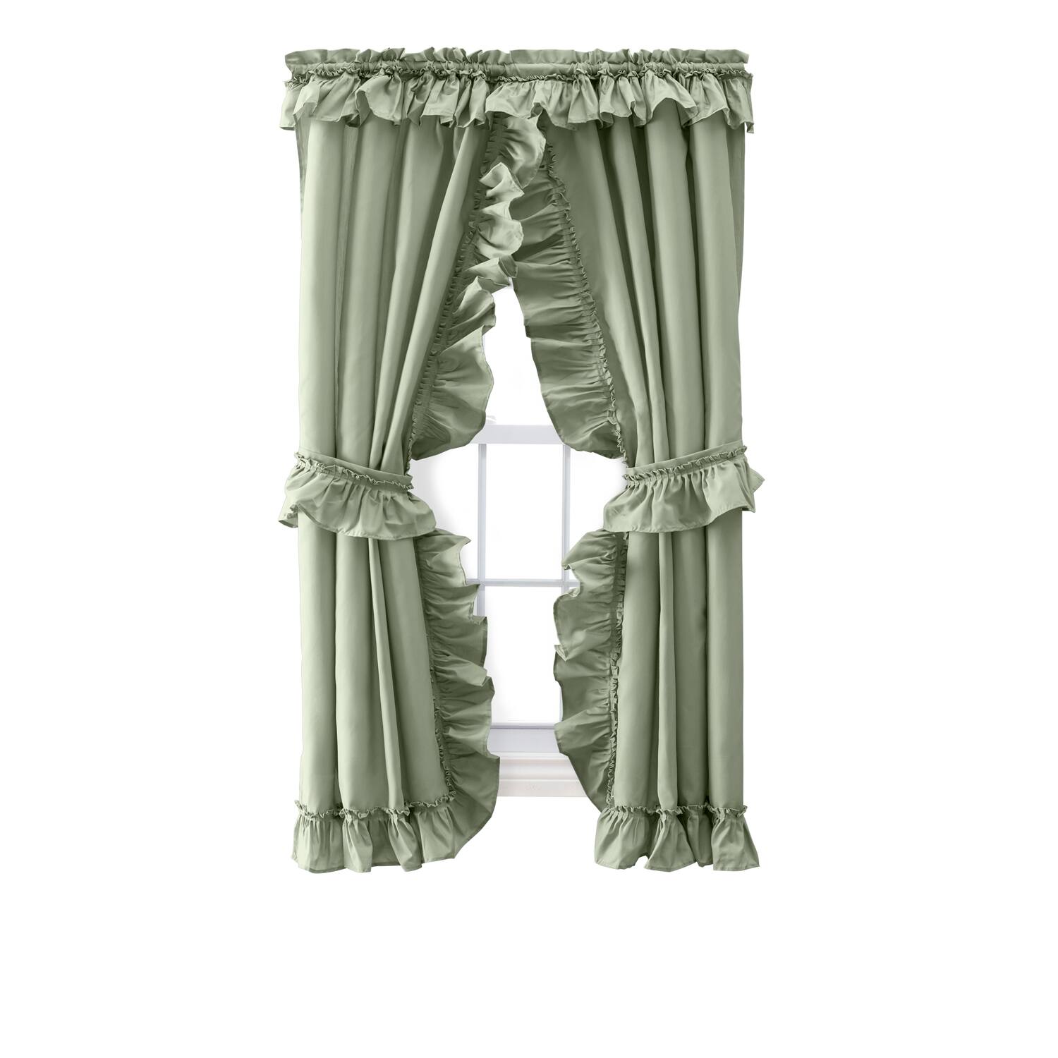 Front. Ellis Curtain - ELLIS 70% Polyester 30% Cotton Stacey Ruffled Prscilla Pairs With Tiebacks 54" x 63" Sage - Sage.
