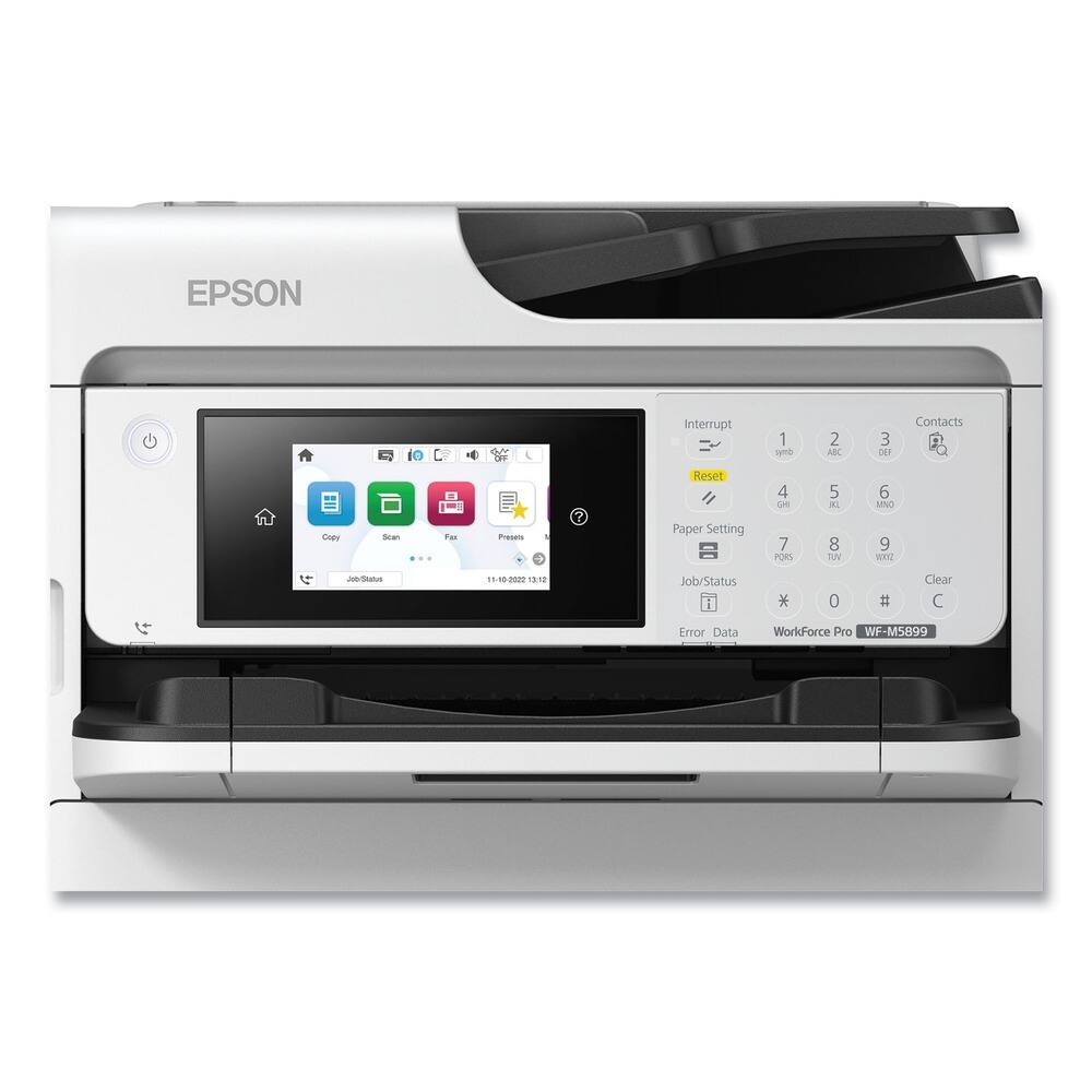 EPSON

Interrupt 1 syme 2 ABC 3 DEF Contacts Coly Scan Fax Pua 7 Reset Paper Setting 4 -e 7 PORS 5 ML 8 TAM 6 MN 9 2 M/au 15-18-2020 191 Job/Status 1 0 # Clear C Error Data WorkForce Pro WF-M5899