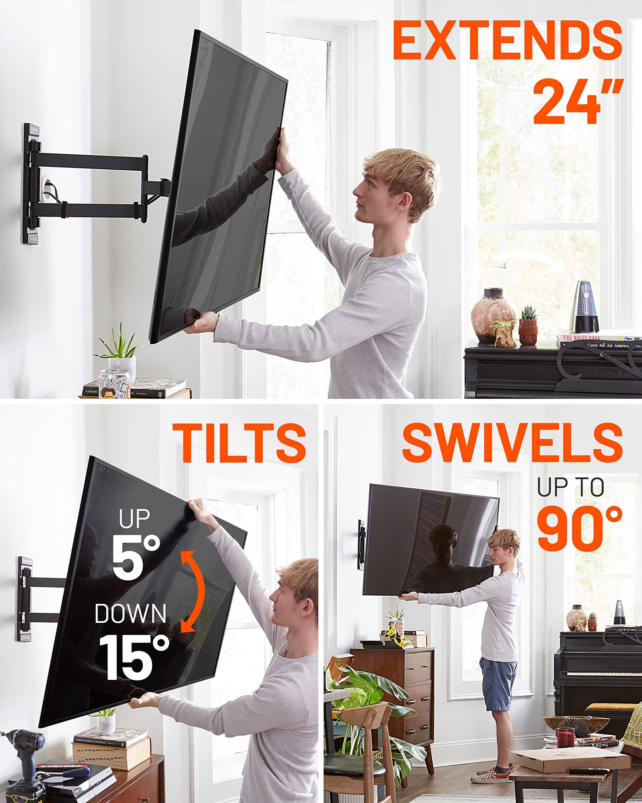 EXTENDS 24", TILTS UP 5° DOWN 15°, SWIVELS UP TO 90°