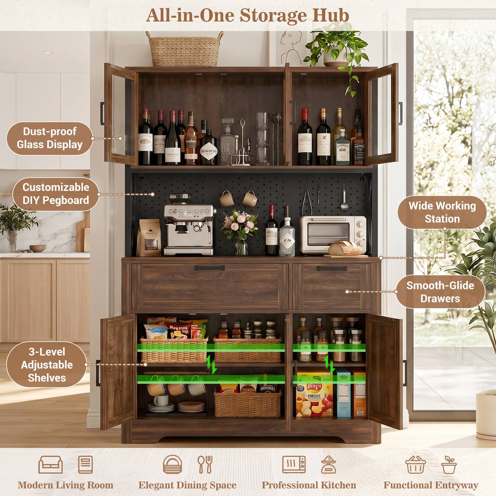 All-in-One Storage Hub Dust-proof Glass Display MCOCN: E Customizable DIY Pegboard Wide Working Station Smooth-Glide Drawers CUAC Moyzonk 3-Level Adjustable Shelves p - ARAMES RC N1854 SIS Modern Living Room Elegant Dining Space Professional Kitchen Functional Entryway