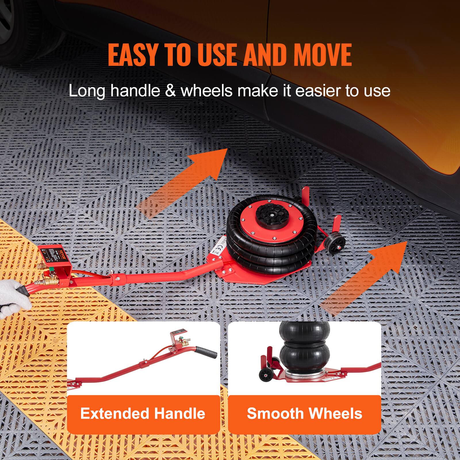 EASY TO USE AND MOVE  
Long handle & wheels make it easier to use  

Extended Handle  
Smooth Wheels