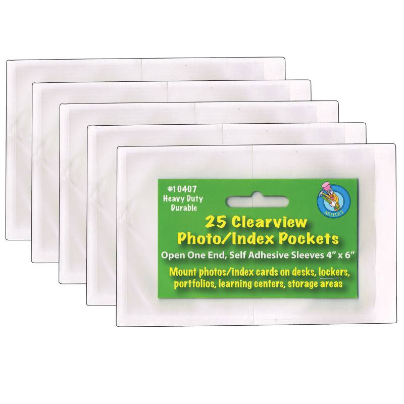 #1 0407 Heavy Duty Durable ASHLEY 25 Clearview Photo/Index Pockets Open One End, Self Adhesive Sleeves 4" x 6" Mount photos/index cards on desks, lockers, portfolios, learning centers, storage areas