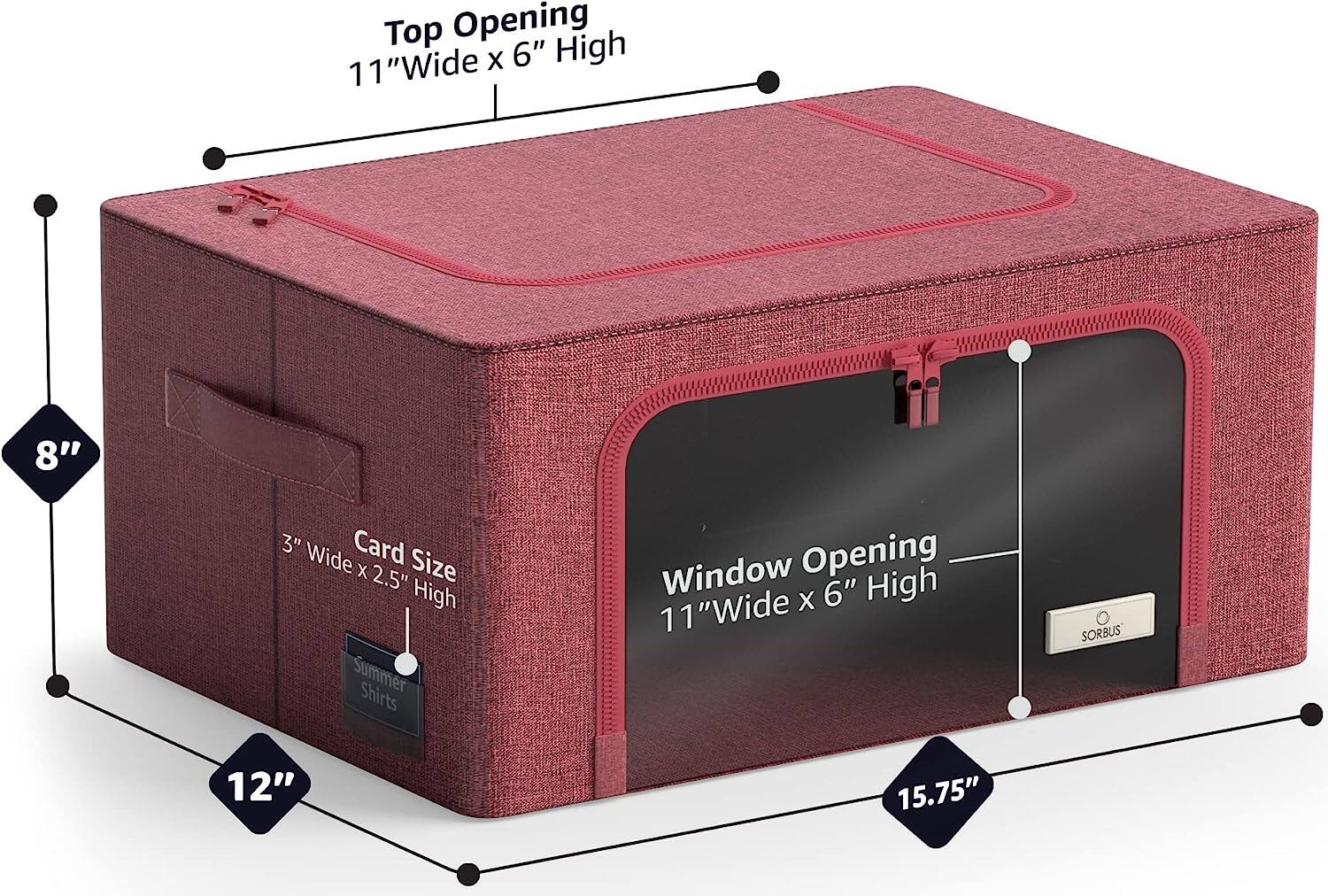 Top Opening: 11" Wide x 6" High

Window Opening: 11" Wide x 6" High

Card Size: 3" Wide x 2.5" High

Dimensions: 12" Wide x 8" High x 15.75" Deep