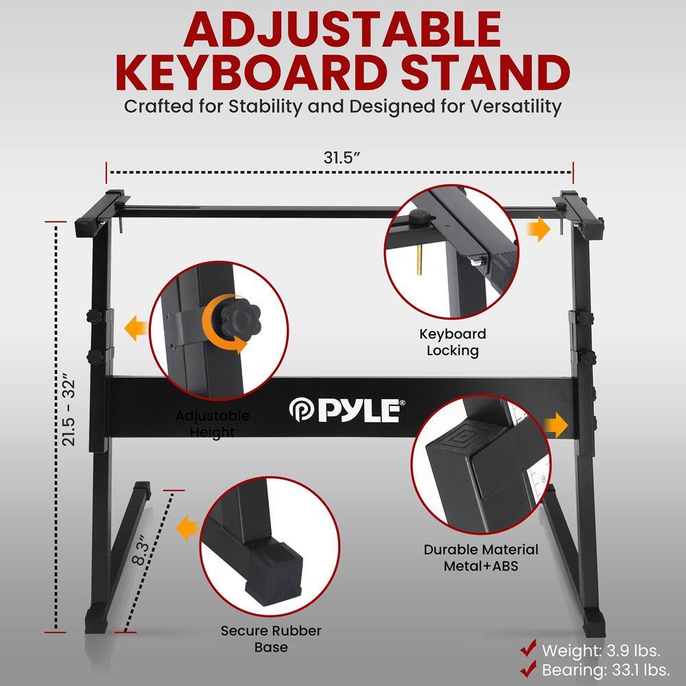 ADJUSTABLE KEYBOARD STAND  
Crafted for Stability and Designed for Versatility  

- Adjustable Height: 21.5" - 32"  
- Durable Material: Metal + ABS  
- Secure Rubber Base: 8.3"  
- Weight: 3.9 lbs.  
- Bearing: 33.1 lbs.  

Keyboard Locking