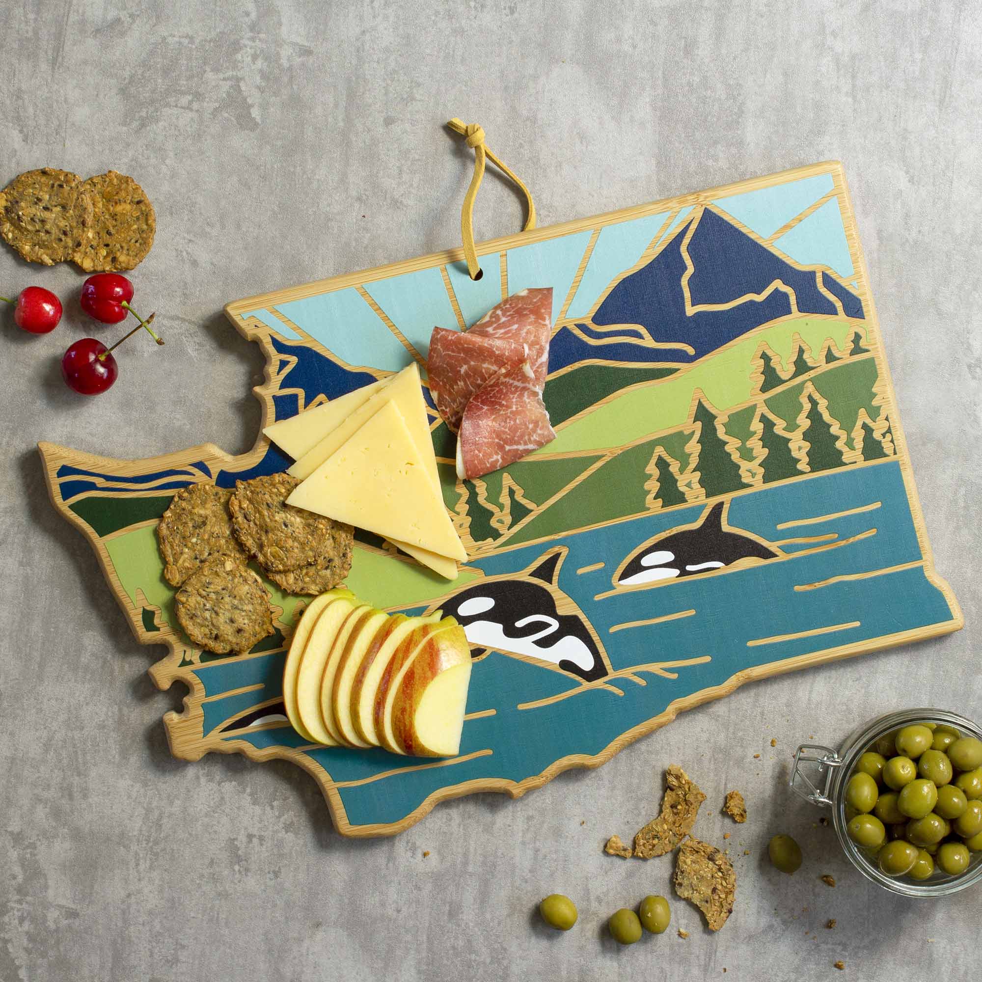 Angle. Totally Bamboo - Washington Cutting Board with Artwork by Summer Stokes.