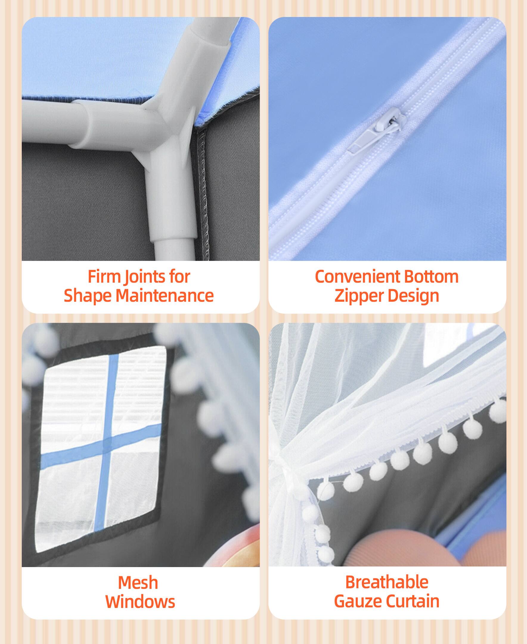 1. Firm Joints for Shape Maintenance
2. Convenient Bottom Zipper Design
3. Mesh Windows
4. Breathable Gauze Curtain