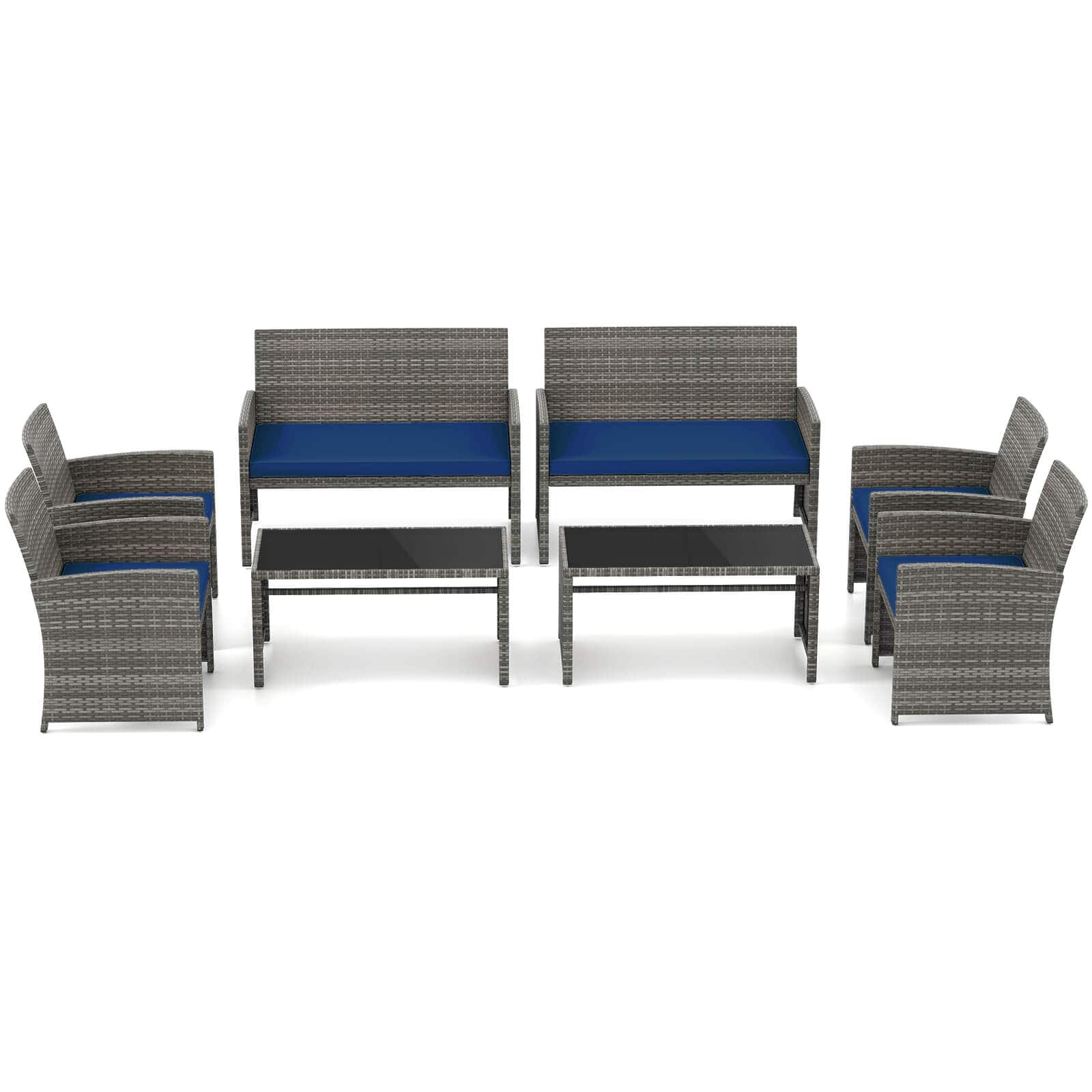 Costway - 8 PCS Patio Conversation Set with Seat Cushions & Tempered Glass Tabletop, Outdoor - Navy,Gray
