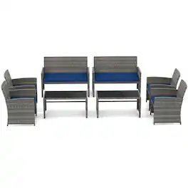 Costway - 8 PCS Patio Conversation Set with Seat Cushions & Tempered Glass Tabletop, Outdoor - Navy,Gray