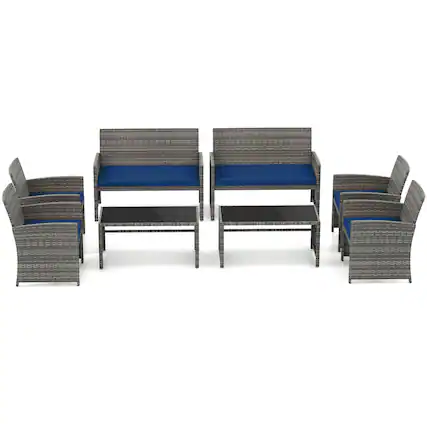 Front. Costway - Costway 8 PCS Patio Conversation Set with Seat Cushions & Tempered Glass Tabletop, Outdoor - Navy,Gray.