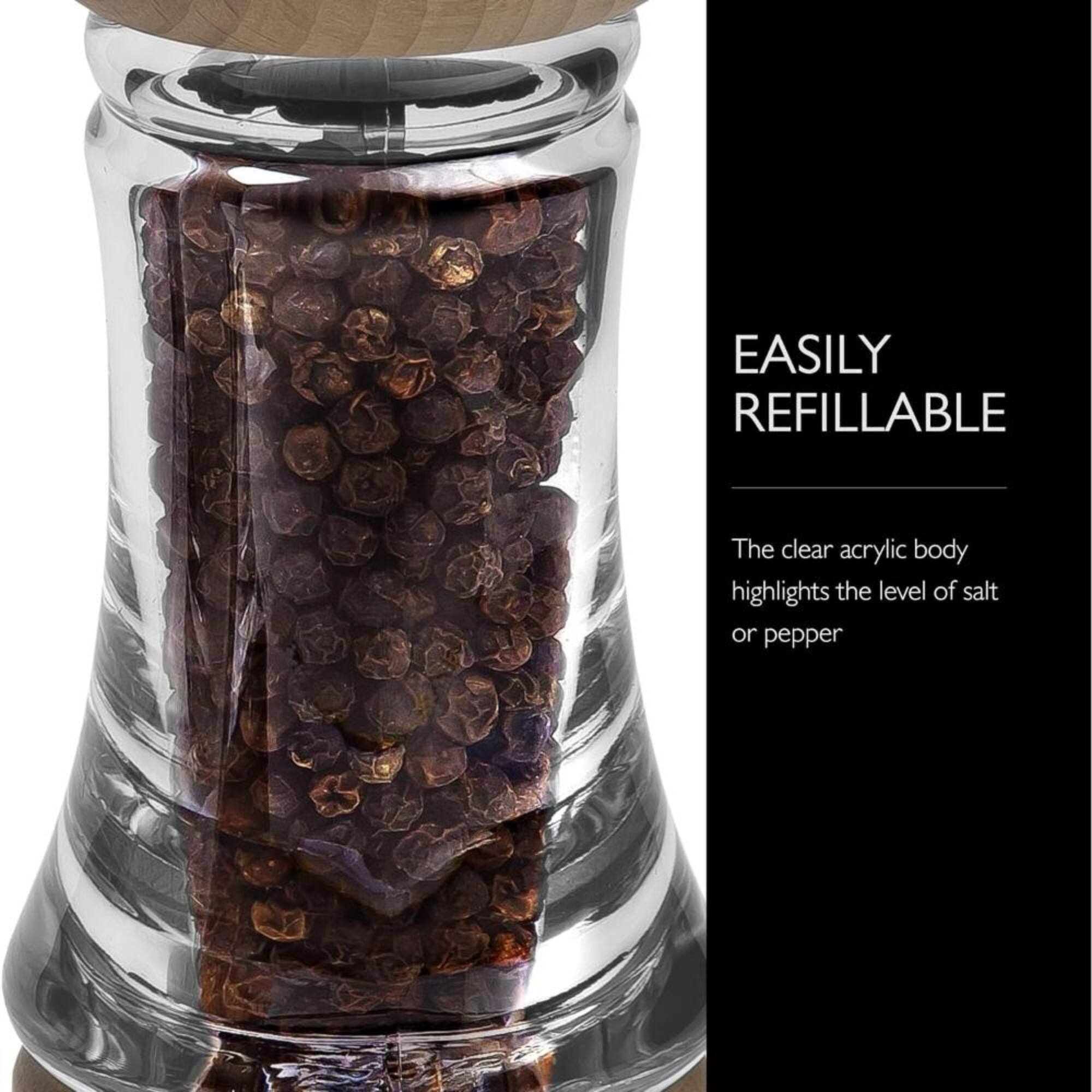 EASILY REFILLABLE

The clear acrylic body highlights the level of salt or pepper