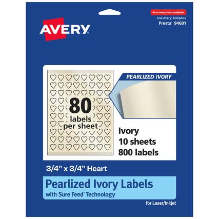 Go to avery.com/templates
AVERY
Use Avery Template Presta® 94601
PEARLIZED IVORY
80 labels per sheet
Ivory 10 sheets 800 labels
3/4" x 3/4" Heart
Pearlized Ivory Labels with Sure Feed® Technology for Laser/Inkjet