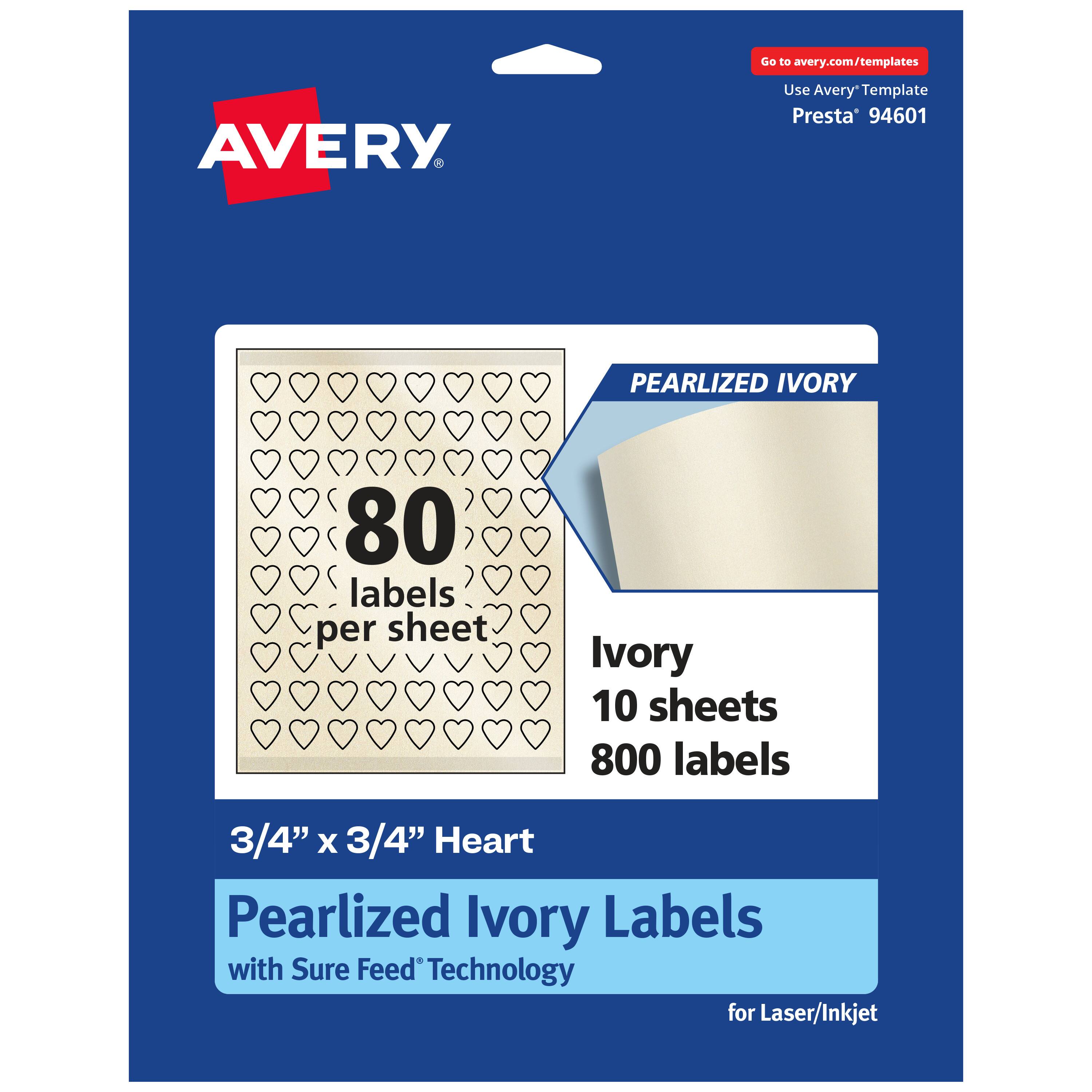 Go to avery.com/templates  
AVERY  
Use Avery Template Presta® 94601  

PEARLIZED IVORY  
80 labels per sheet  
Ivory 10 sheets 800 labels  

3/4" x 3/4" Heart  
Pearlized Ivory Labels with Sure Feed® Technology for Laser/Inkjet