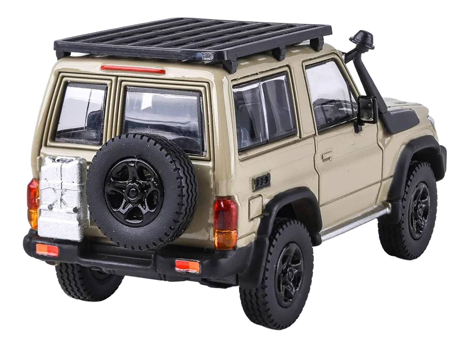 Back. Paragon - 2023 Toyota Land Cruiser 71 Sandy Taupe "70th Anniversary" with Roofrack 1/64 Diecast Model Car by Paragon - Black, Brown.