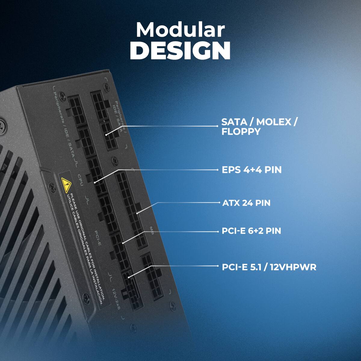 Modular DESIGN

- SATA / MOLEX / FLOPPY
- EPS 4+4 PIN
- ATX 24 PIN
- PCI-E 6+2 PIN
- PCI-E 5.1 / 12VHPWR

Please use original cables for installation.