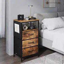 WELLFOR - 27.5" Modern Nightstand with Charging Station and 3 Fabric Drawers - Rustic Brown