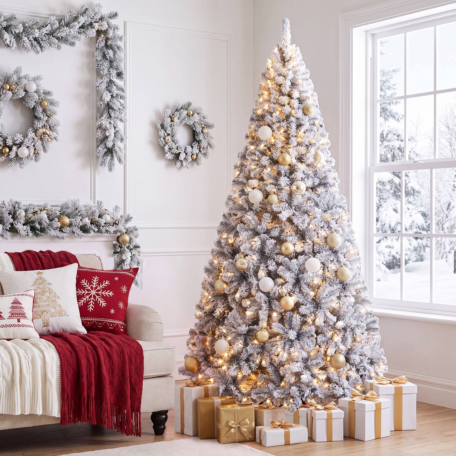 Alt View 3. Costway - 7.5 FT Pre-Lit Flocked Cedar Christmas Tree Hinged - Green /White.
