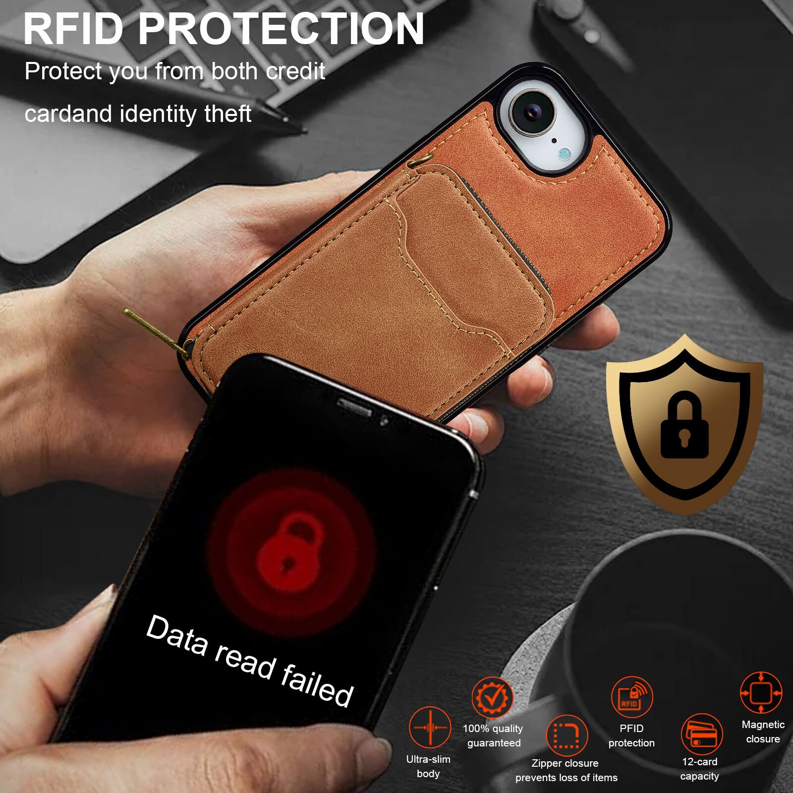 RFID PROTECTION  
Protect you from both credit card and identity theft  

Data read failed  

100% quality guaranteed protection  
Ultra-slim closure  
Zipper body prevents loss of items  
Magnetic closure  
12-card capacity  

RFID PROTECTION  
Protect you from both credit card and identity theft  

100% quality guaranteed  
RFID protection  
Zipper closure prevents loss of items  
Magnetic closure  
12-card capacity
