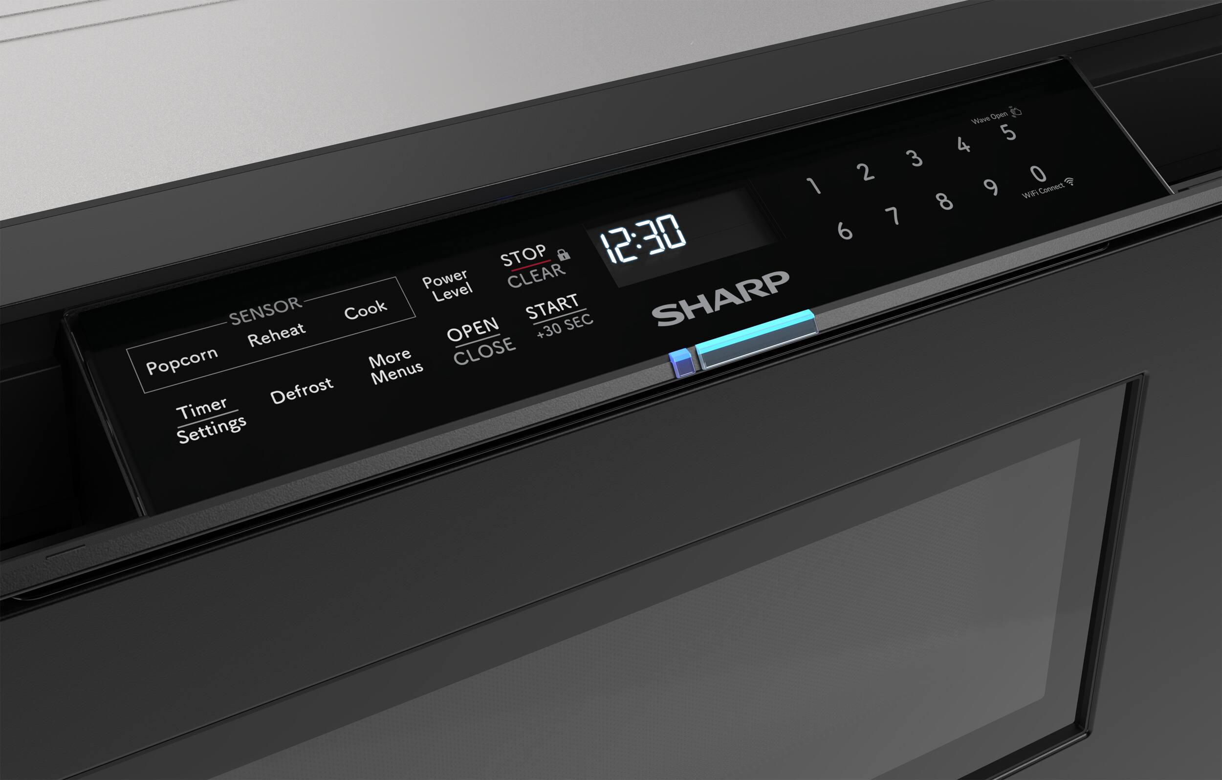 Sure, here is the corrected and grouped text from the image:

- **Wave Open**
- **WIFI Connect**
- **1 2 3 4 5 6 7 8 9 0**
- **12:30**
- **SHARP**
- **Power Level**
- **OPEN CLOSE**
- **STOP CLEAR**
- **START +30 SEC**
- **SENSOR**
- **Reheat**
- **Cook**
- **Popcorn**
- **Defrost**
- **More Menus**
- **Timer Settings**