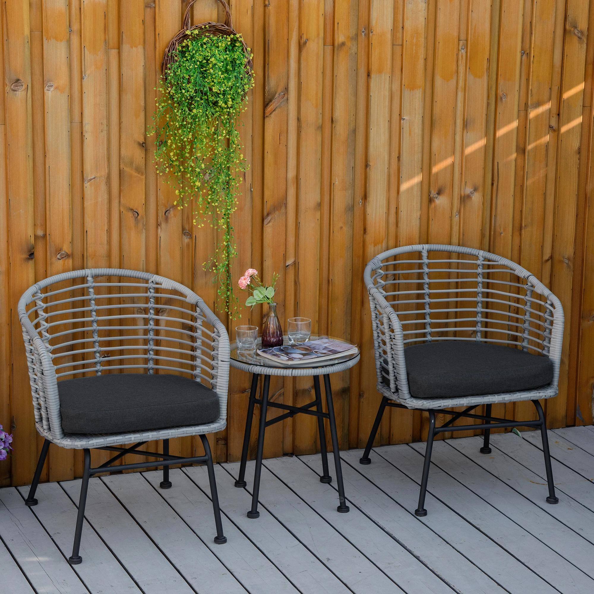 Alt View 7. Resenkos - Resenkos 3 Pieces Patio Bistro Set, Two Hand-Woven PE Wicker Chairs And A Glass Bistro Table, Gray - Gray.