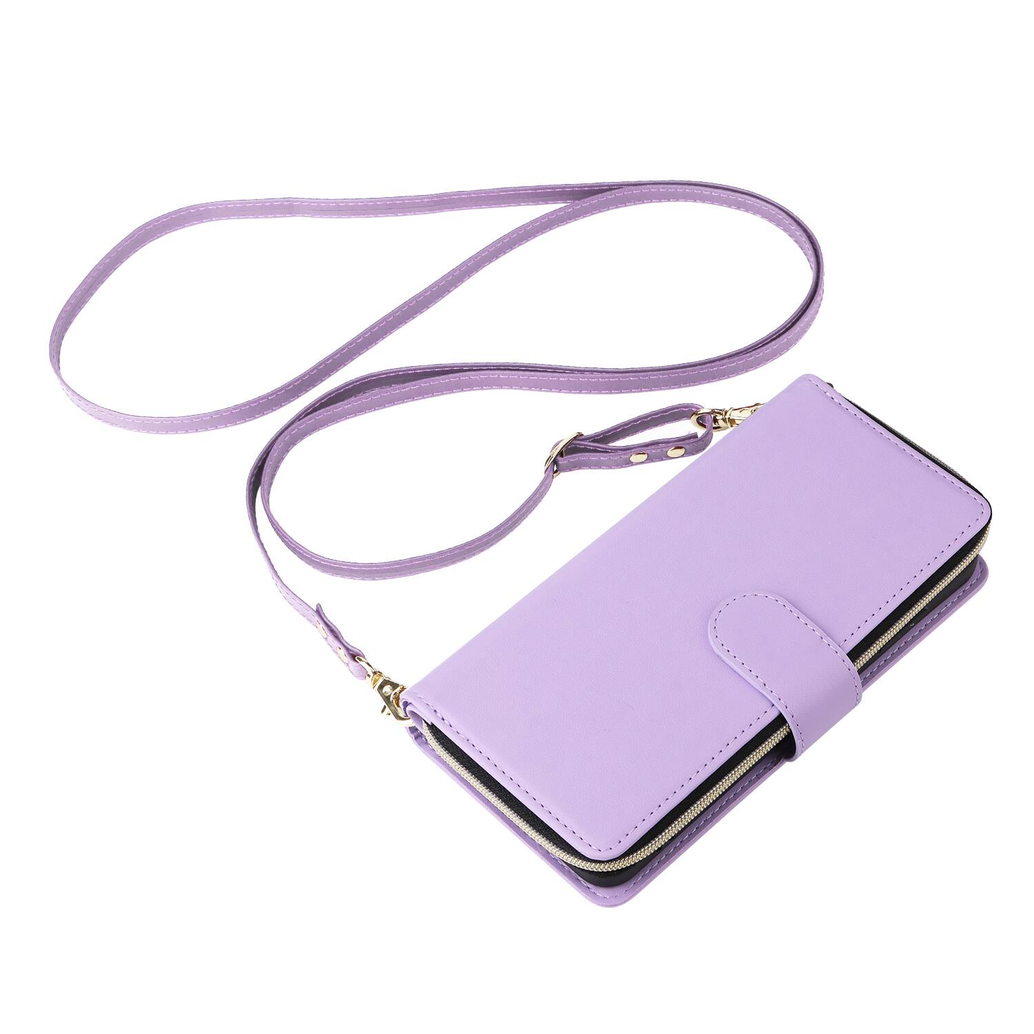Alt View 3. Dteck - Crossbody Wallet Case for Apple iPhone 16, Shockproof Zipper Pocket PU Leather Folio Cover with 9 Card Slots - Purple.