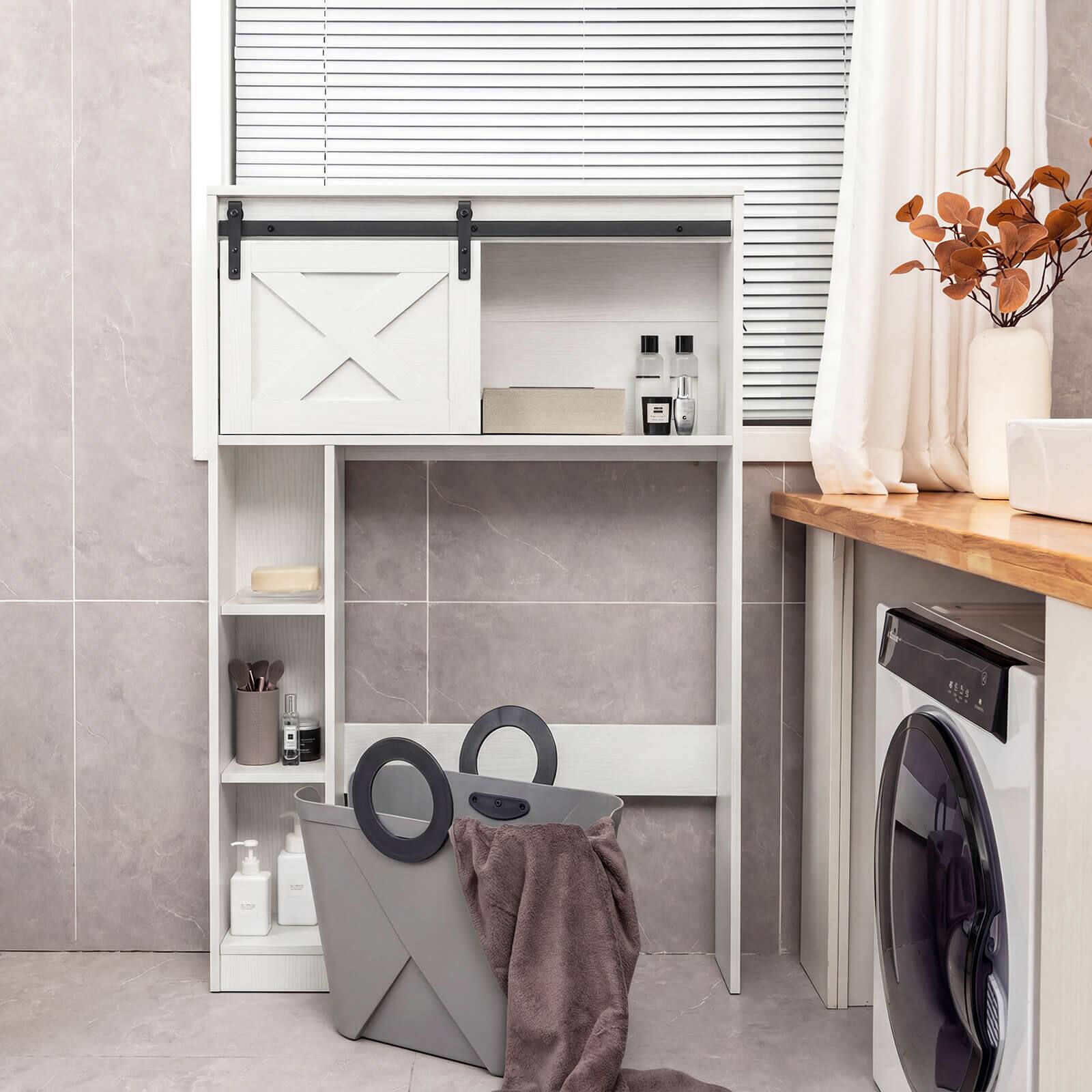 Alt View 1. Costway - Costway Over the Toilet Bathroom Storage Cabinet with Sliding Barn Door & Shelves White - White.