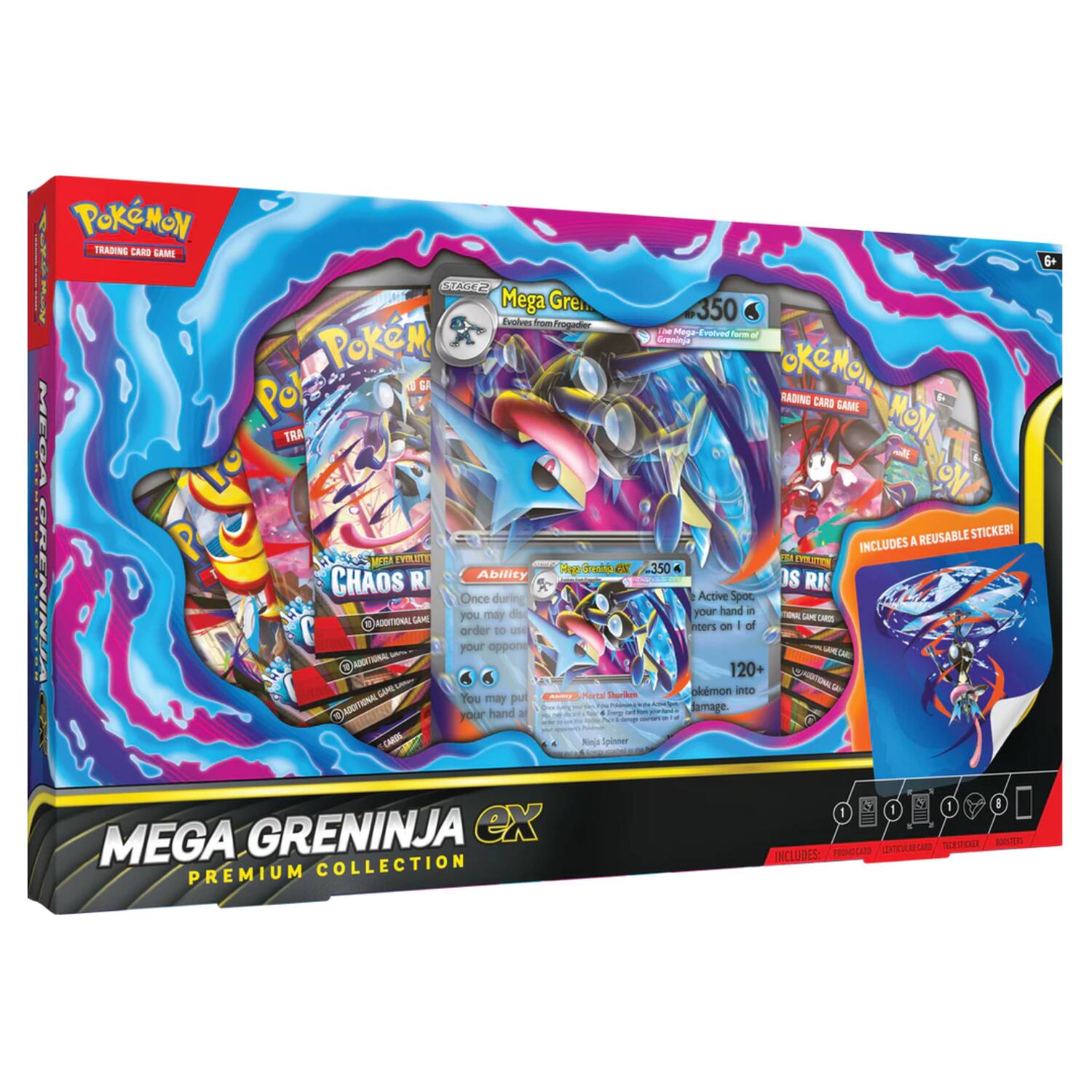 Pokémon Trading Card Game: Mega Greninja 350 - Evolved form of Greninja - Premium Collection

- Includes a reusable sticker!
- Ability: Chaos R
- Once during your turn, you may discard 1 of your opponent's cards from the top of their deck and put it into the discard pile.
- Once during your turn, you may put 1 Pokémon from your hand into play.
- 120+ Pokémon cards

Mega Greninja EX

- Includes: Premium Collection
