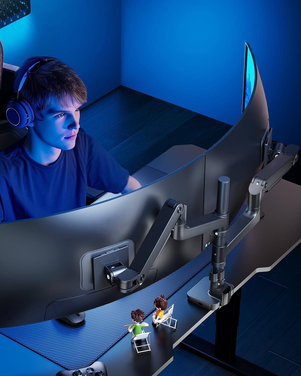 Alt View 5. Cedar Assembly - Dual Monitor Stand For Ultrawide Heavy Duty Curved Stacking Fits Vertical Gas Spring Double Mount With Usb - Black with USB Dual Monitor Stand.