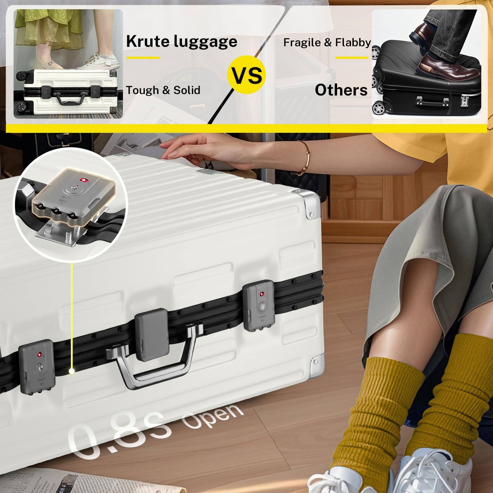 Krute luggage  
Tough & Solid  

VS  

Fragile & Flabby  
Others  

0.8s Open