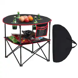 Glintex - Camping Table, Portable Folding Camping Desk with 4 Cup Holders, Waterproof Fabric, Carry Bag for Picnic - Black