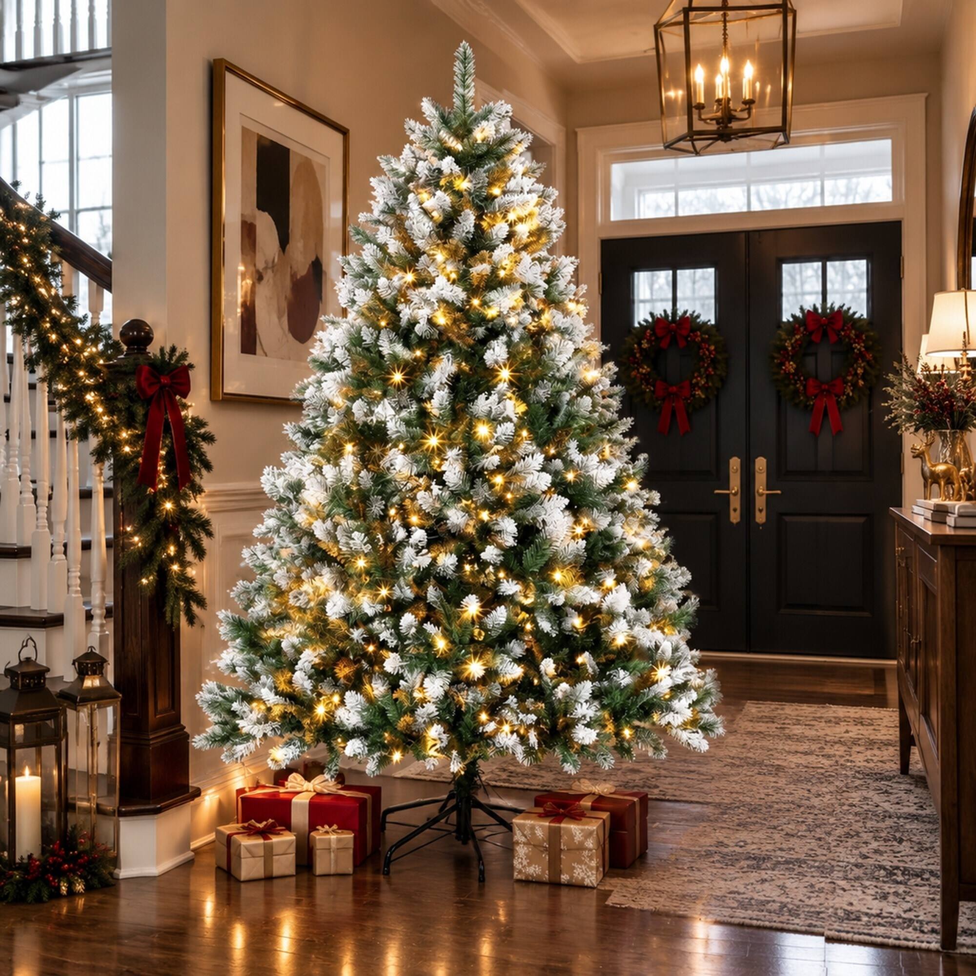 Alt View 2. RYHNUYNE - 6FT Pre-Lit White-Tipped Artificial Christmas Tree With 1020 Lush Tips and Hinged Full Body - Green,White.