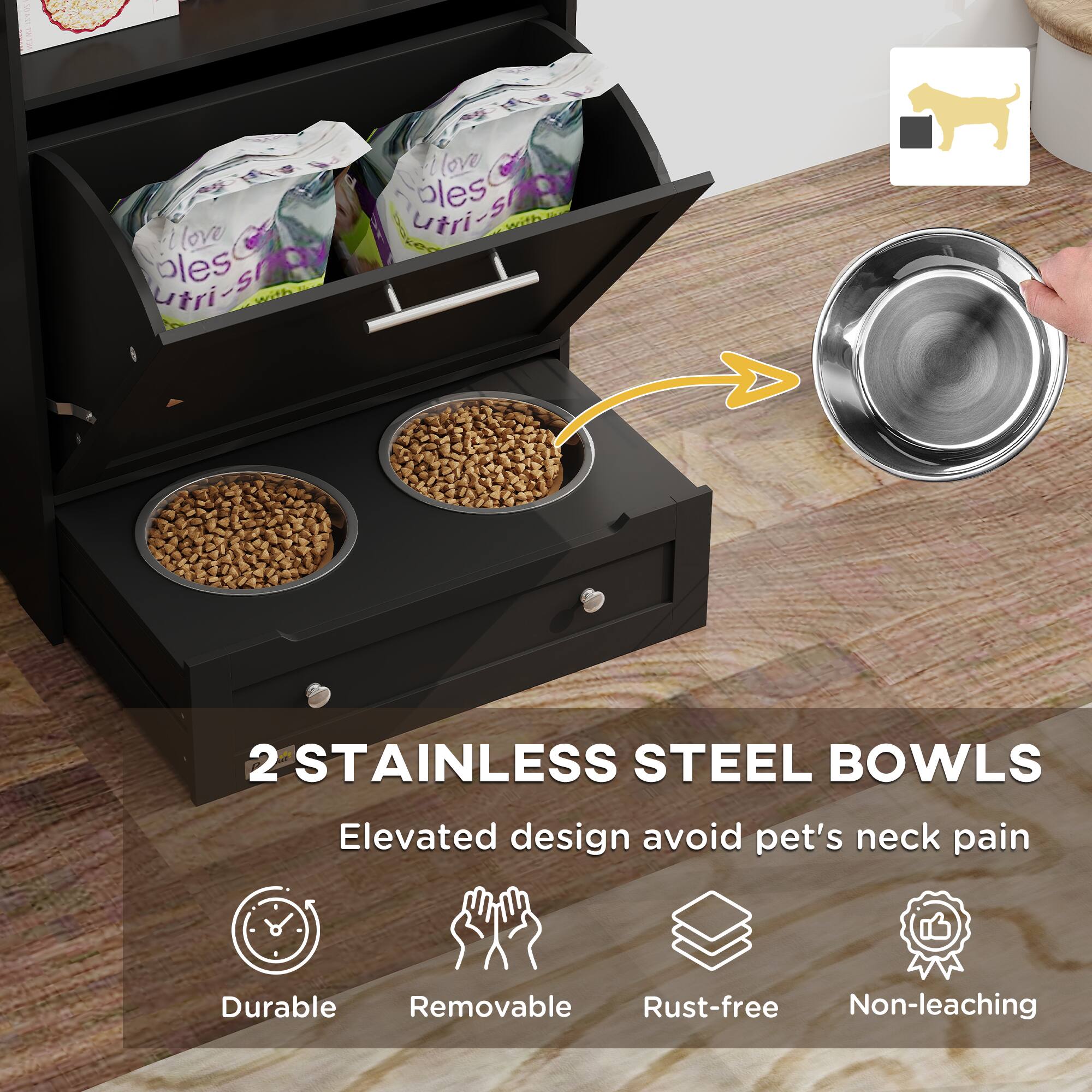 2 STAINLESS STEEL BOWLS  
Elevated design avoid pet's neck pain  

- Durable  
- Removable  
- Rust-free  
- Non-leaching
