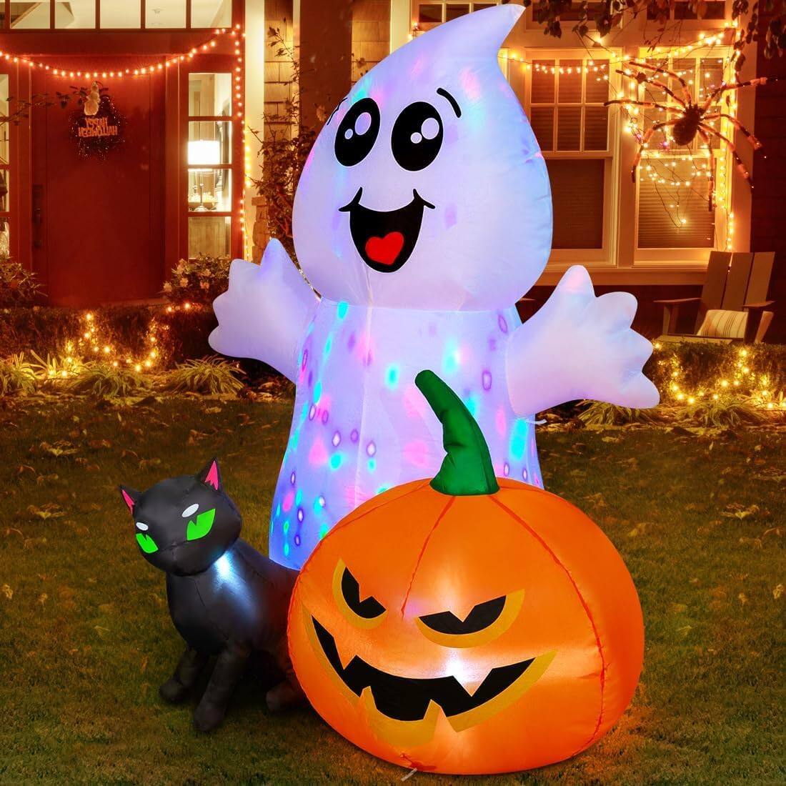 Left. GOOSH Inflatables - GOOSH 5FT Halloween Inflatable Ghost with Black Cat and Pumpkin with Built-in LEDs - White.