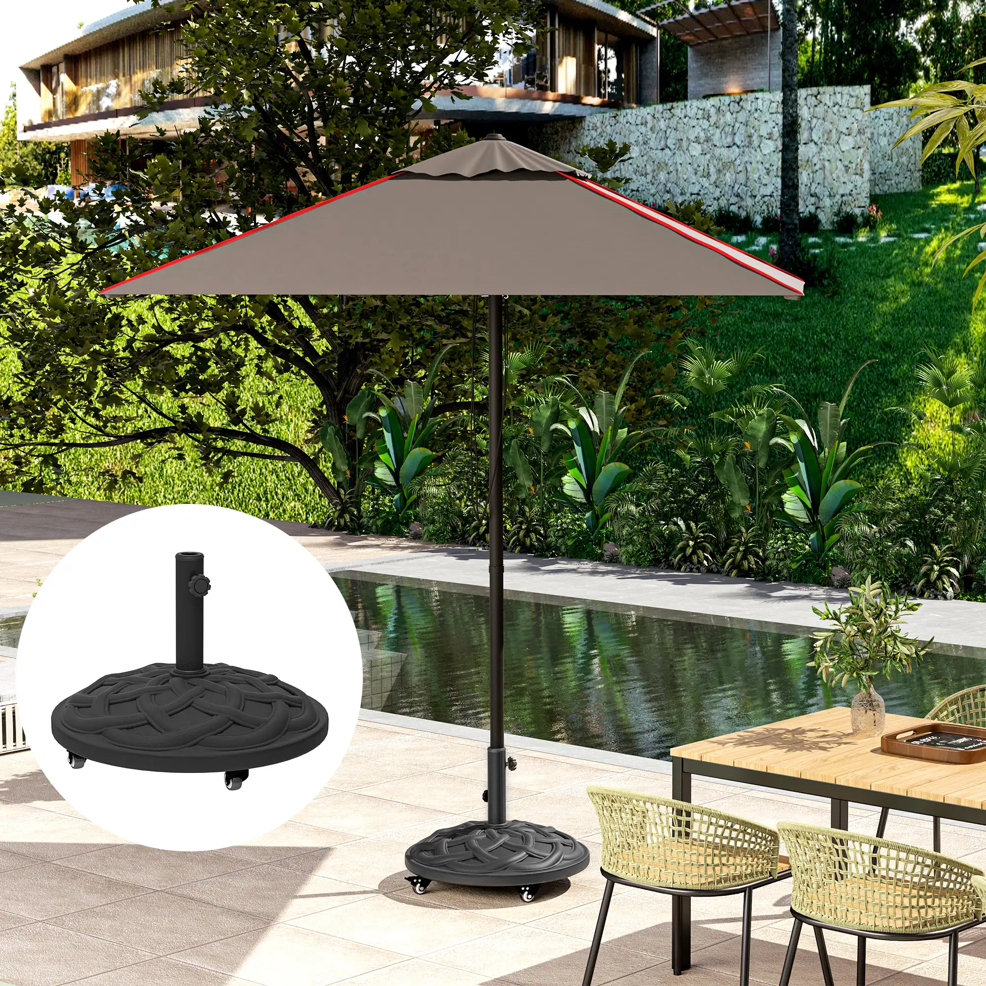 Alt View 4. Outsunny - Round Patio Umbrella Base with Wheels, 44 lbs Resin Umbrella Stand Base, Heavy Duty Patio Umbrella Holder - Black.