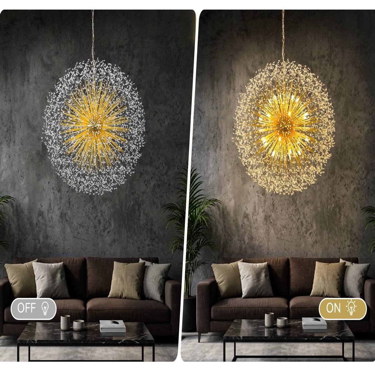 Back. Loheer - Loheer Extra Large Gold Crystal Chandelier, Modern Dandelion Firework Sputnik Light for High Ceilings.