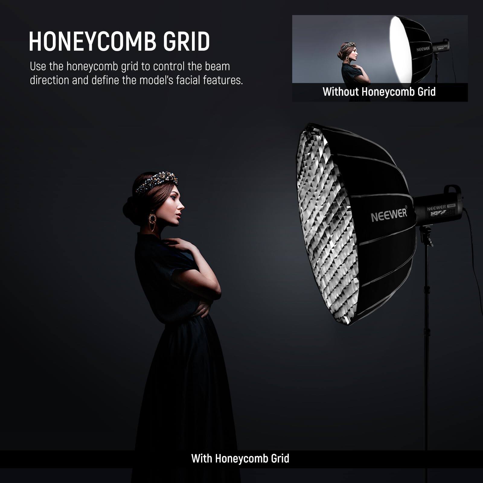 HONEYCOMB GRID  
Use the honeycomb grid to control the beam direction and define the model's facial features.

Without Honeycomb Grid

With Honeycomb Grid