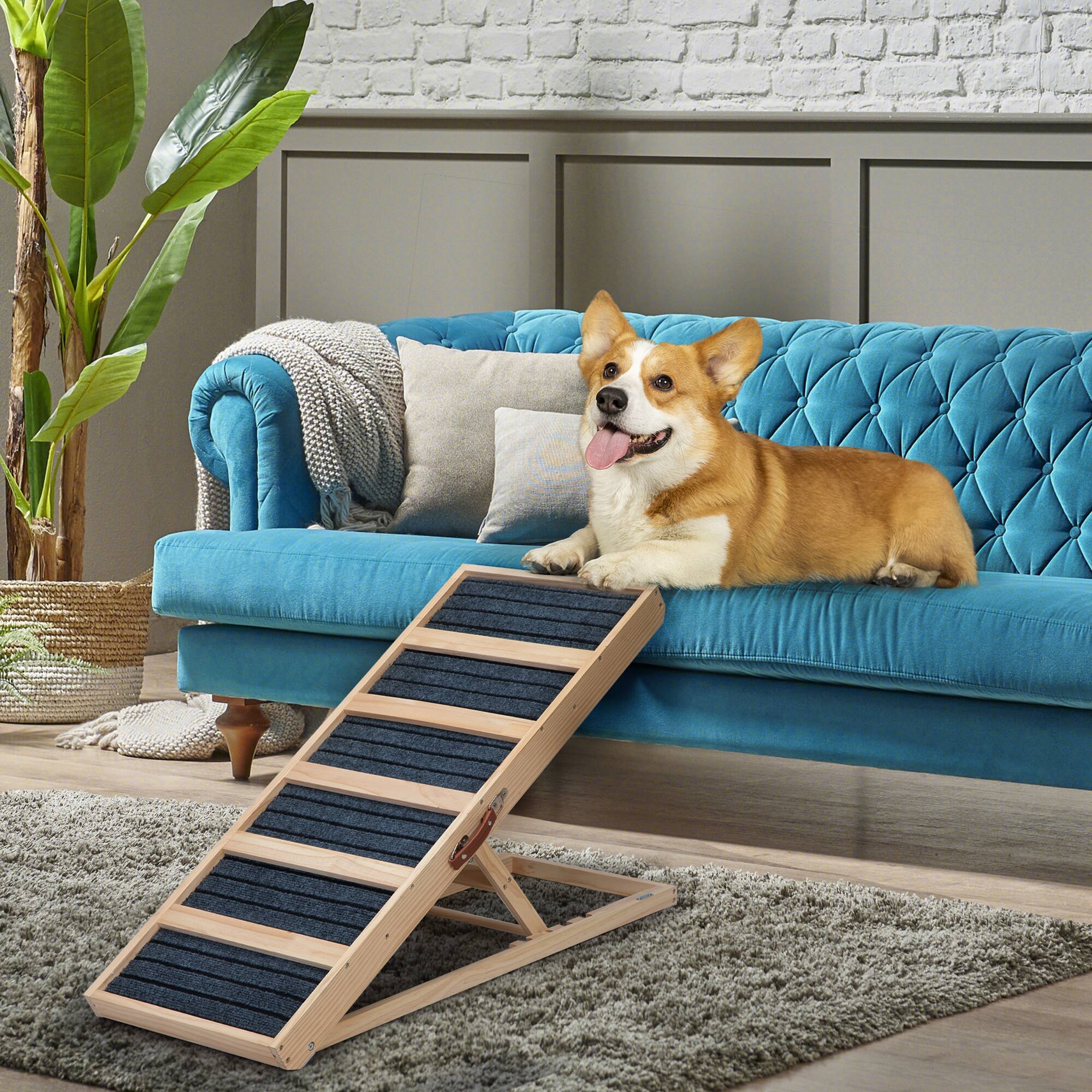 Left. APRILSOUL - 39in Long Wooden Pet Ramp Folding Dog Cat Ramp with Height Adjustment From 16.3in to 24in and Non-Slip Mat for Bed Couch.