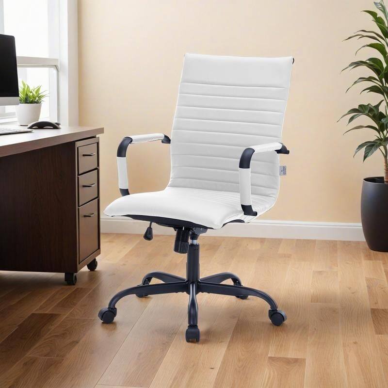 Angle. LeisureMod - Harris Ergonomic High-Back Office Chair Leather Upholstery, Adjustable Swivel, Tilt, and Black Iron Frame - White.