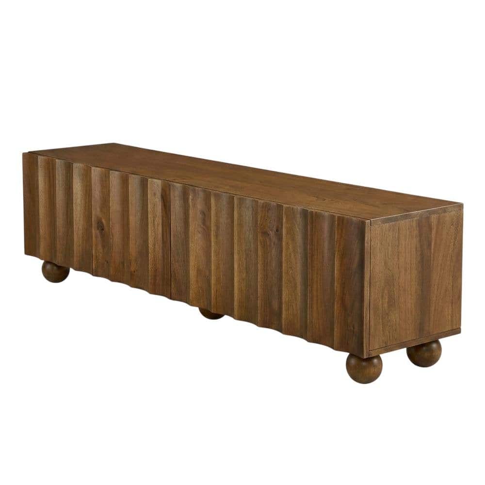 FurniFact - Scalloped Wood TV Stand in Neutral Finish with Spacious Storage - Brown