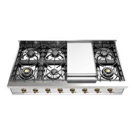 ILVE - Nostalgie II Series 48 in. Gas Rangetop with 8 Sealed Burners + Griddle (Natural Gas, Brass Trim) - Stainless Steel