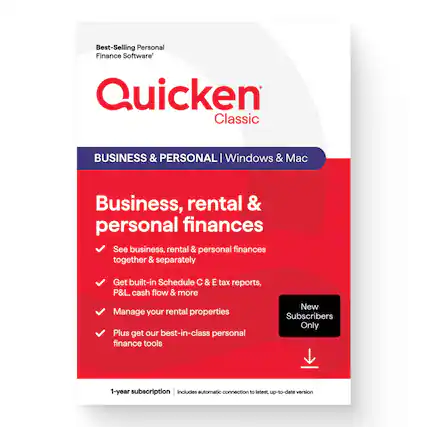 Best-Selling Personal Finance Software
Quicken Classic
BUSINESS & PERSONAL | Windows & Mac
Business, rental & personal finances
- See business, rental & personal finances together & separately
- Get built-in Schedule C & E tax reports, P&L, cash flow & more
- Manage your rental properties
- Plus get our best-in-class personal finance tools
New Subscribers Only
1-year subscription | Includes automatic connection to latest, up-to-date version