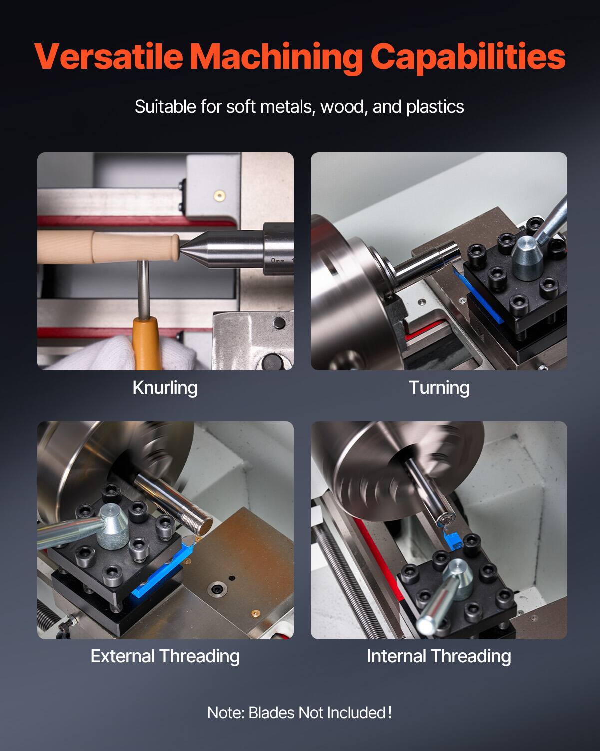 Versatile Machining Capabilities  
Suitable for soft metals, wood, and plastics  

Knurling  
Turning  
External Threading  
Internal Threading  

Note: Blades Not Included!