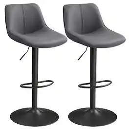 Songmics Home - Bar Stools Set of 2, Adjustable Height Swivel Barstools with Ergonomic Backrest, Synthetic Leather, Larger Metal Base - Slate