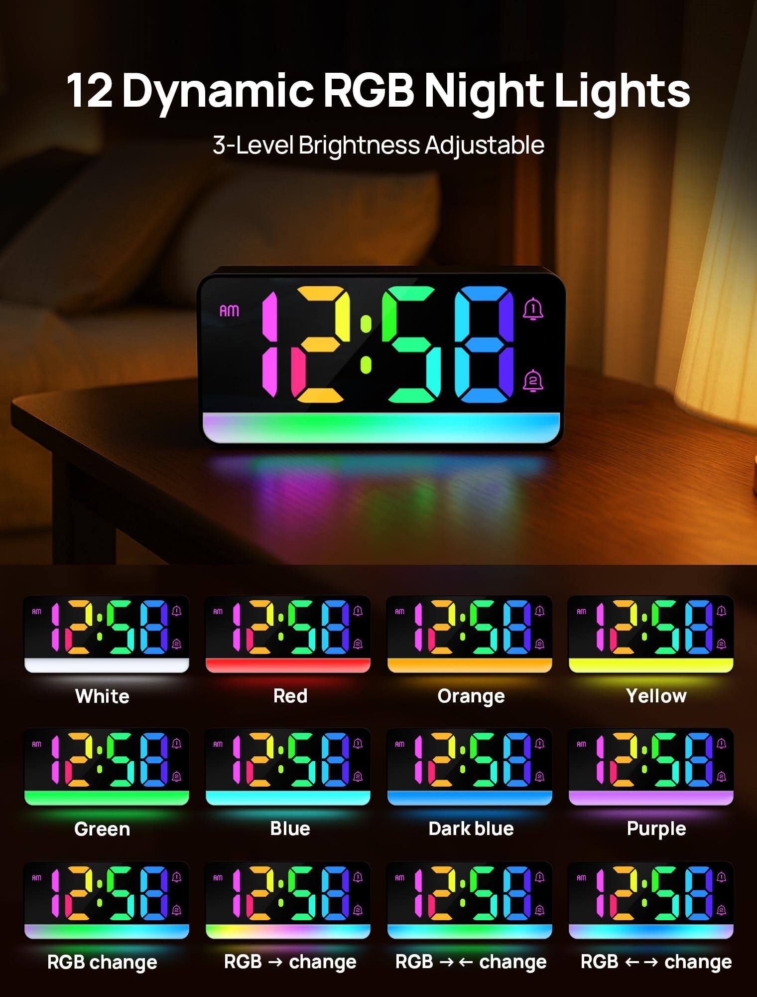 12 Dynamic RGB Night Lights  
3-Level Brightness Adjustable  

White  
Red  
Orange  
Yellow  
Green  
Blue  
Dark blue  
Purple  

RGB change  
RGB → change  
RGB ↔ change  
RGB ↔ change