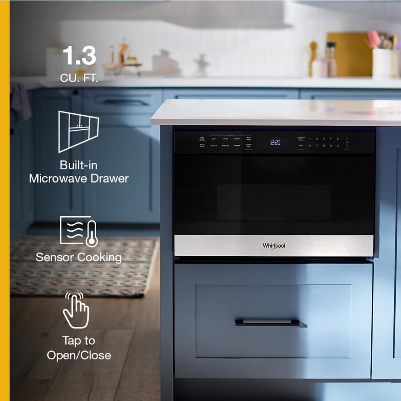 1.3 CU. FT. 220 Built-in Microwave Drawer Sensor Cooking Whirlpool Tap to Open/Close