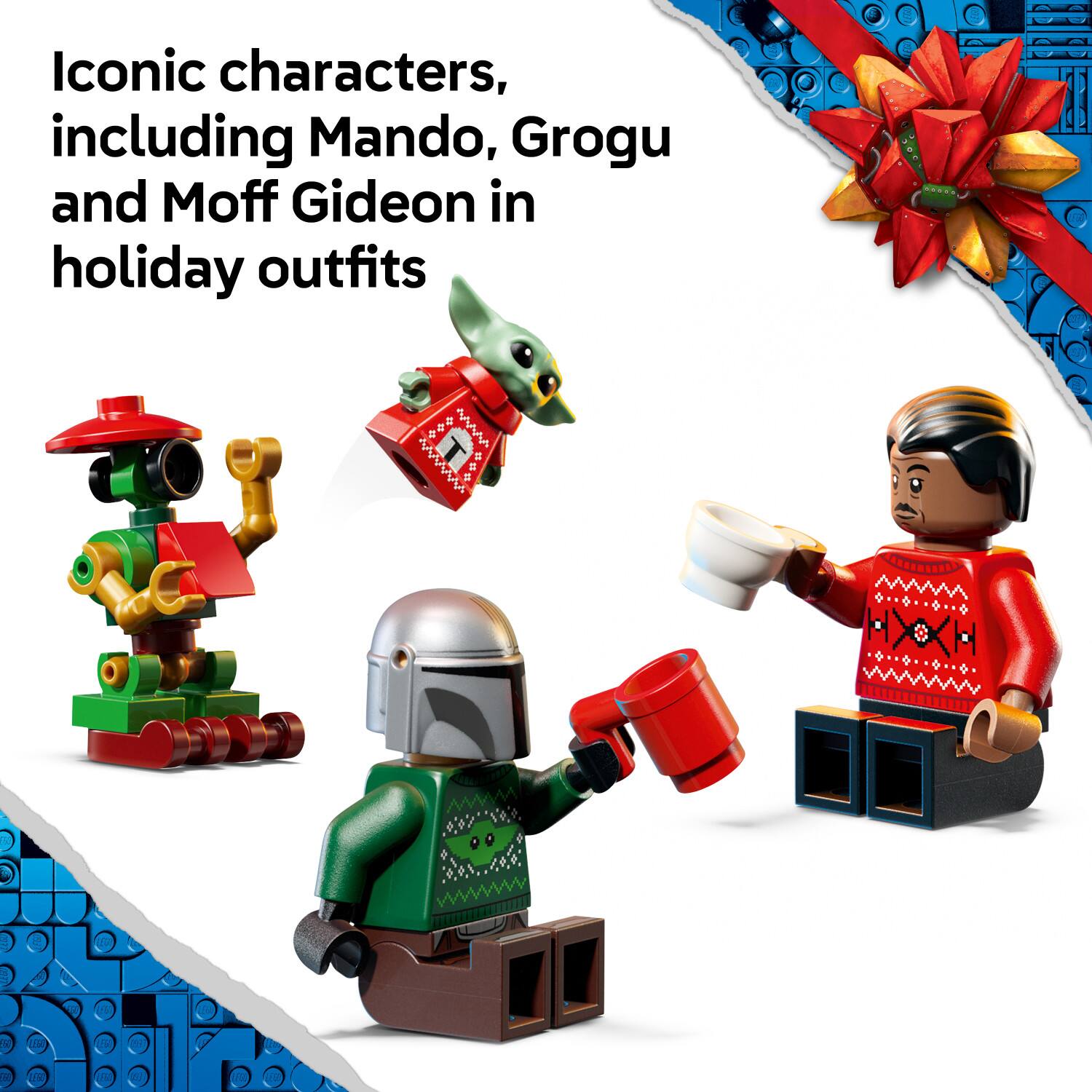 Iconic characters, including Mando, Grogu and Moff Gideon in holiday outfits