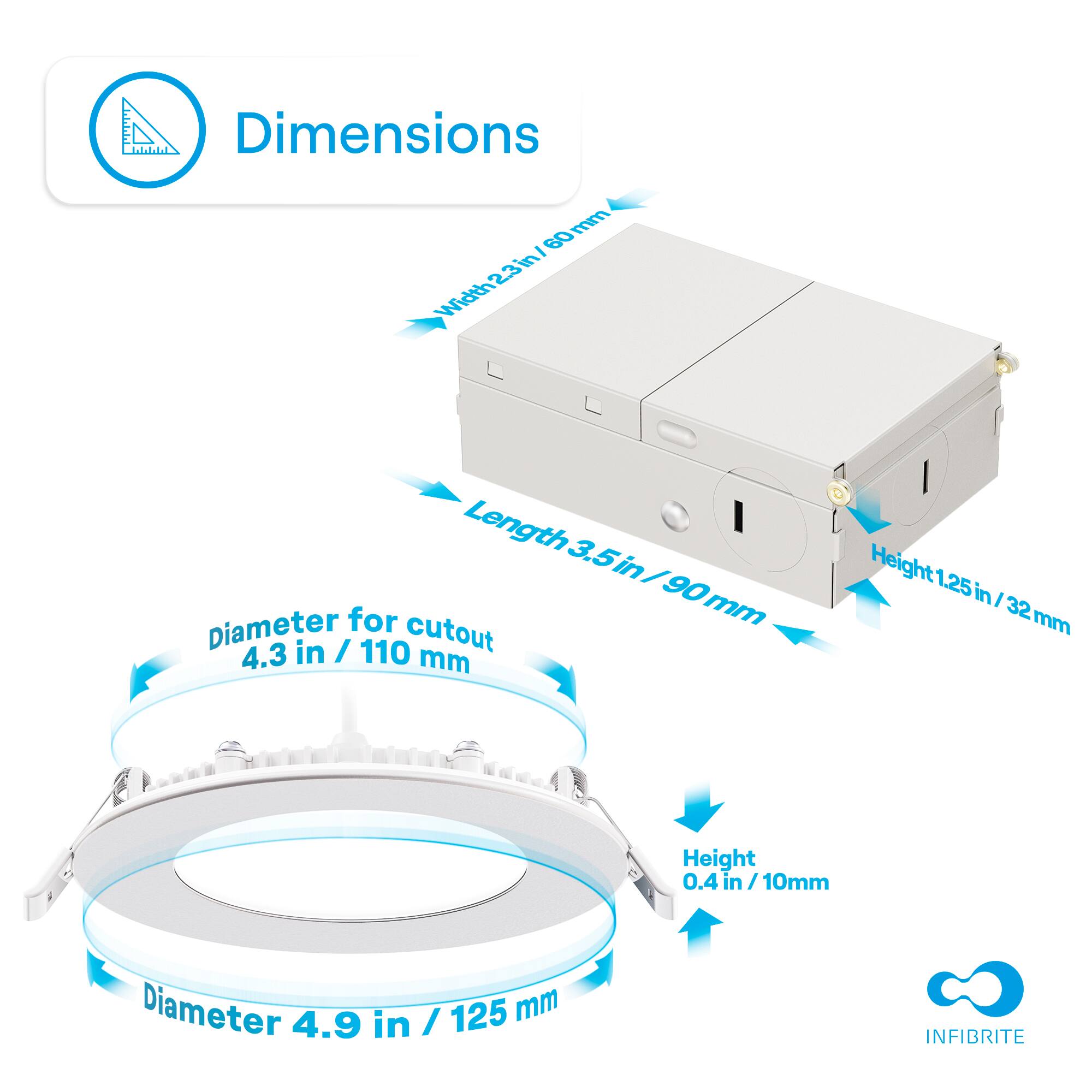 Dimensions  
- Width: 23 in / 580 mm  
- Length: 3.5 in / 90 mm  
- Height: 1.25 in / 32 mm  
- Diameter for cutout: 4.3 in / 110 mm  
- Height: 0.4 in / 10 mm  
- Diameter: 4.9 in / 125 mm  

INFIBRITE