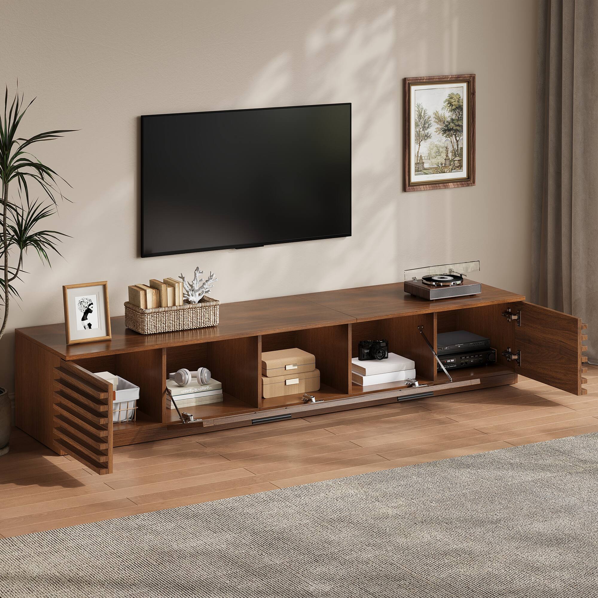 Back. MERAVOM - Mid-Century Modern TV Stand for TVs Up to 80", Entertainment Center with Storage Cabinets and LED Light for Living Room - Walnut.